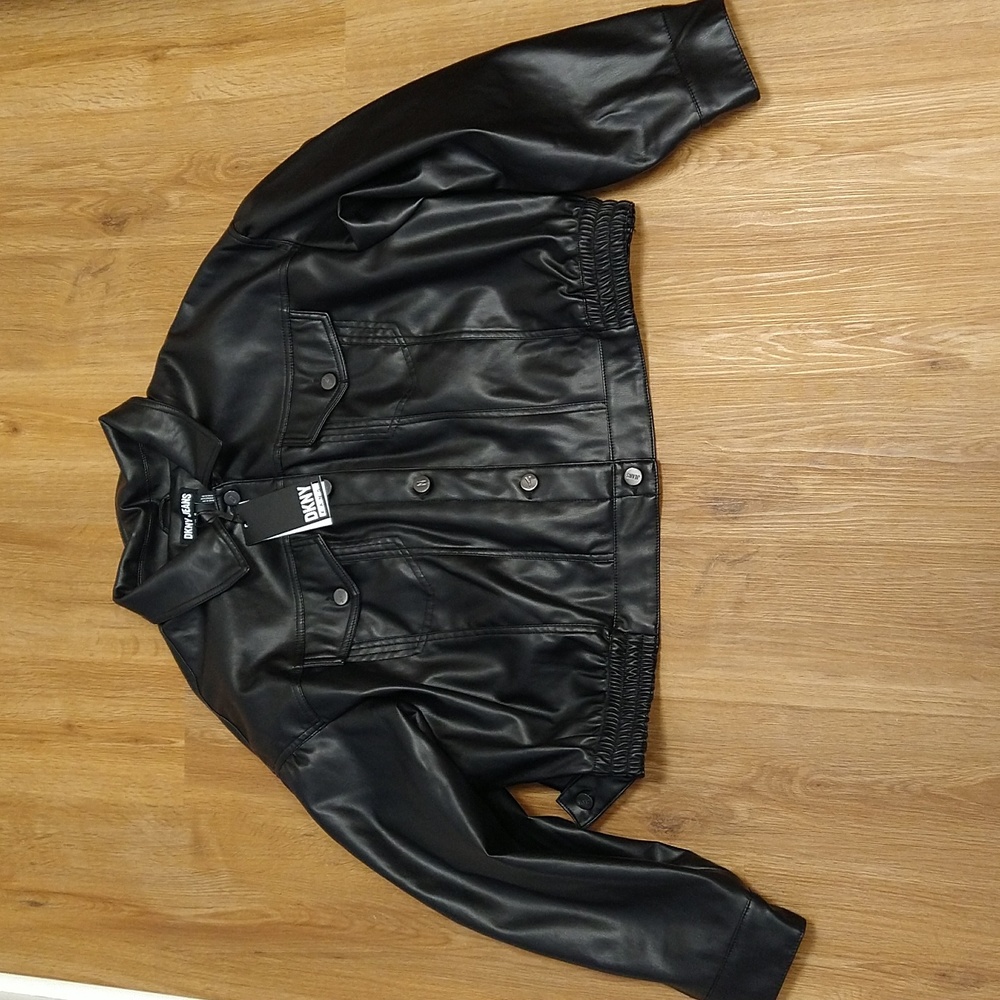DKNY, black faux leather jacket, size 2X, cropped, button up, NWT, womens